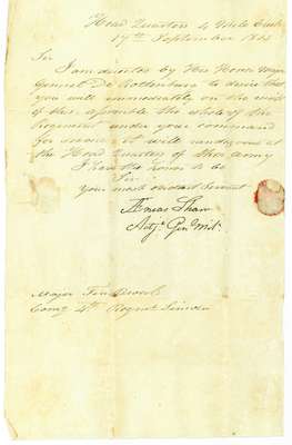 Letter from Aenas Shaw, Adjutant General of the Militia, to Major Ten Broeck commanding the 4th Regiment of the Lincoln Militia