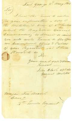 Letter from John Clark at Fort George to Major Ten Broeck of the 4th Lincoln Militia