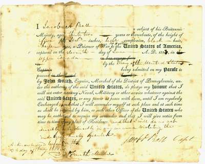 Parole Paper of Jacob Ball from the US Army, 1814