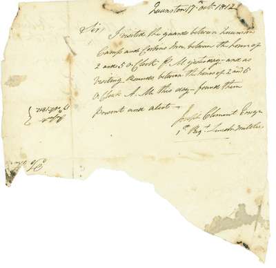 Letter from Joseph Clement Reporting the Status of Guards Between Queenston and Corbin's Inn, 1812