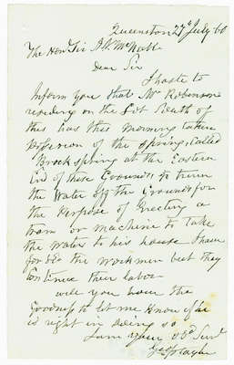 Letter From Geof Taylor to Sir Allan McNabb concerning Brock's Spring in Queenston, July 1860