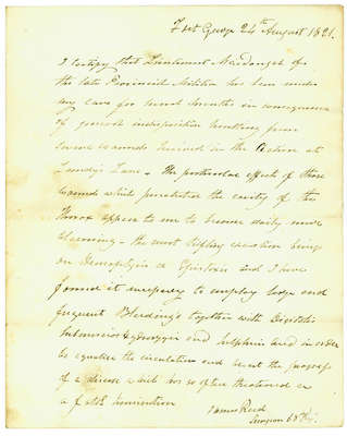 Affidavit from James Reed, a surgeon located at Fort George, concerning Daniel McDougal's Military Wounds- 1821