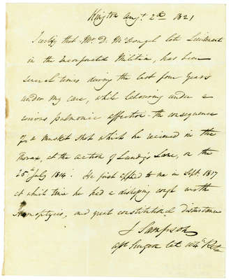 Affidavit from J. Sampson, surgeon of the late 104th Regiment, Regarding Wounds received by Daniel McDougal at the Battle of Lundy's Lane- 1821