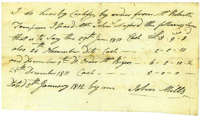 Affidavit of Payment between John Mills, by order from Mr. Robert Tompson, to John Axford