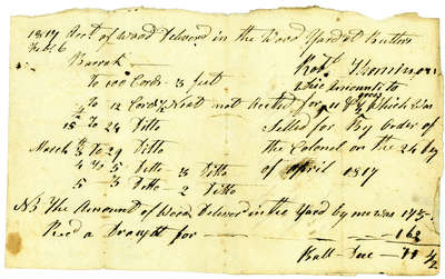 Bill of Account: Wood Delivered to Butler's Barracks by Robert Thompson, 1817