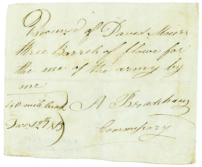 Receipt for 3 barrels of flour from David Mosers to A. Bradshaw, Commissary- December, 1813