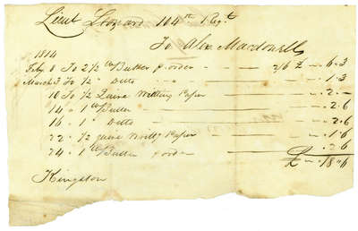 Bill of Account from Alex MacDonnell to Lieut. Leonard- 1814