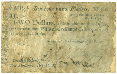 Province of Upper Canada Two Dollar Army Bill- 1814