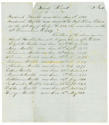 Genealogical Table of the Frederick Markle Family, 1758-1810