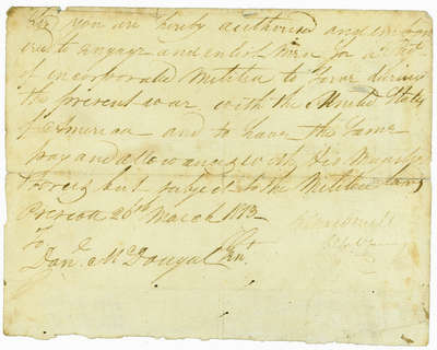 Authorization from MacDonnell to Daniel MacDougal to Raise a Corps of Militia- March, 1813