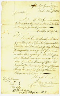 Letter from Lord Palmerston, Secretary of War, to Lt. General Drummond Regarding Compensation Claims for Wounded Officers- September, 1815