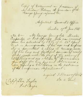 Transcript of an Order of Retirement for George Young, Master Carpenter at Fort George- 1815