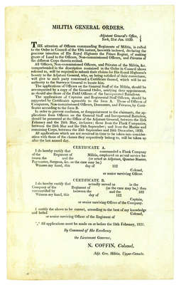 Notice Regarding Land Grants for Officers, Non-Commissioned Officers, and Privates of the Militia- January 21, 1820