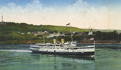 View of lower Niagara, showing the Steamer Cayuga, Queenston Heights and Brock's monument in the distance.