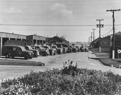 Women Posing Next to RCAF Ambulances at Oshawa Airport