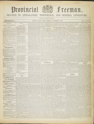 Provincial Freeman (Toronto and Chatham, ON), 9 Sep 1854