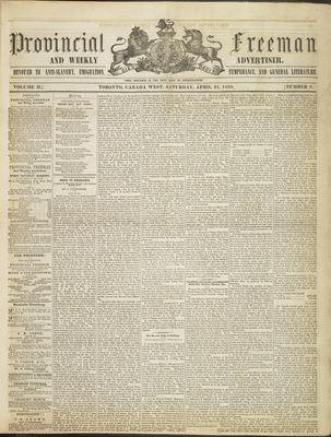 Provincial Freeman (Toronto and Chatham, ON), 21 Apr 1855