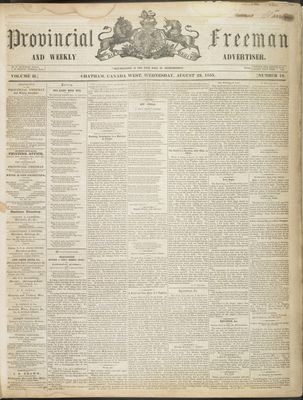 Provincial Freeman (Toronto and Chatham, ON), 29 Aug 1855