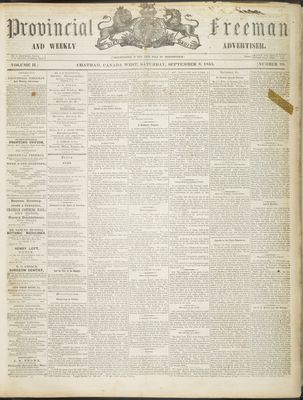 Provincial Freeman (Toronto and Chatham, ON), 8 Sep 1855