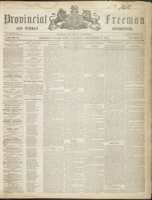 Provincial Freeman (Toronto and Chatham, ON), 15 Sep 1855