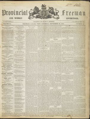 Provincial Freeman (Toronto and Chatham, ON), 22 Sep 1855