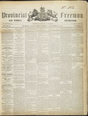 Provincial Freeman (Toronto and Chatham, ON), 29 Sep 1855