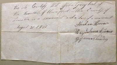 Mennonite Exemption Certificate- John Graybiel,1812