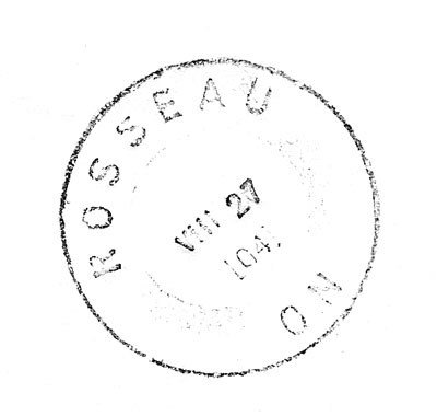 Rosseau Post Office - ROSSEAU ON - VIII 27 04 cancellation stamp - RI0009