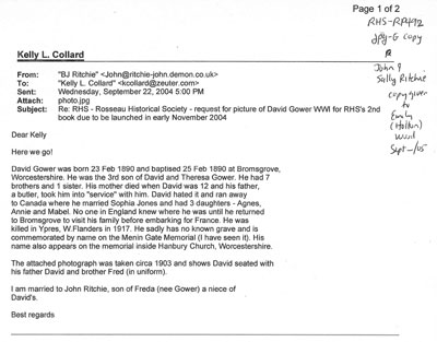 Email from Sally Ritchie about David Gower - Sept 22 2004 - RP0492