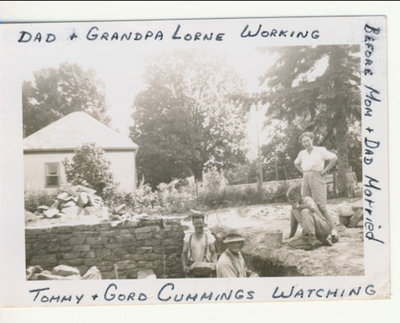 Stonemasonry - left to right - Allan & Lorne Fraser with Tommy & Gord Cummings watching - 7 Oak St. - RI0184