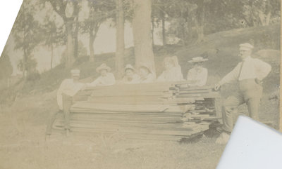 Group with sawn lumber at Chaffey's Locks