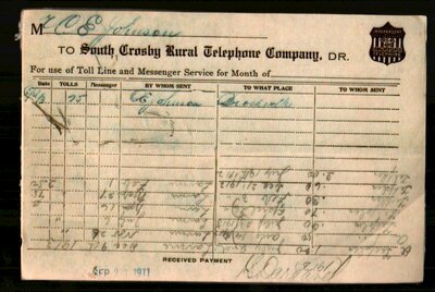 Receipt for South Crosby Rural Telephone Company c.1911