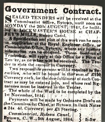 Chaffey's Lockmaster's House tender 1844 (Bytown Gazette)