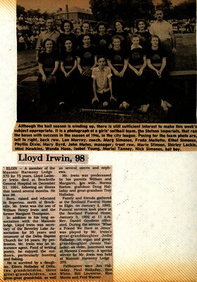 Girls Softball + Obit Lloyd Irwin