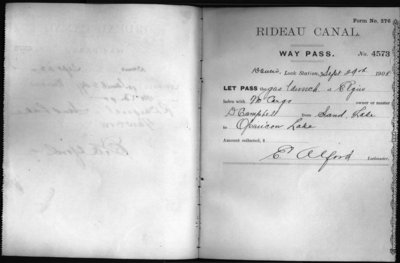 Waypass book for Davis Lock, Ontario 1908-1909.