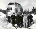 ACR train "engine #7001" with group of men in front  Black and White photograph