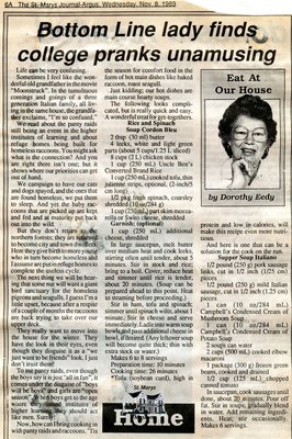 &quot;Bottom Line lady finds college pranks unamusing&quot;, Eat at Our House, 8 November 1989