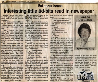 &quot;Interesting little tid-bits read in newspaper&quot;, Eat at Our House, 27 February 1991