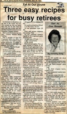 &quot;Three easy recipes for busy retirees&quot;, Eat at Our House, 20 March 1991