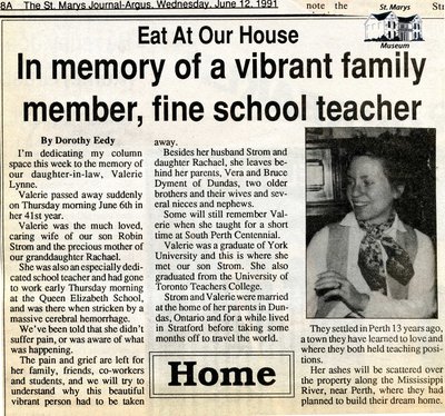 &quot;In memory of a vibrant family member, fine school teacher&quot;, Eat at Our House, 12 June 1991