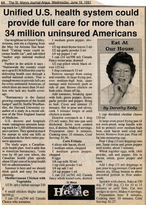 &quot;Unified U.S. health system could provide full care for more than 34 million uninsured Americans&quot;, Eat at Our House, 19 June 1991