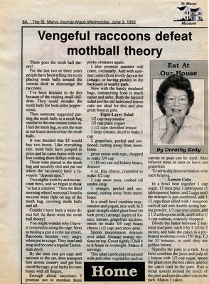 &quot;Vengeful raccoons defeat mothball theory&quot;, Eat at Our House, 3 June 1992