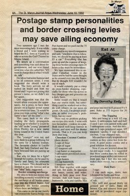 &quot;Postage stamp personalities and border crossing levies may save ailing economy&quot;, Eat at Our House, 10 June 1992