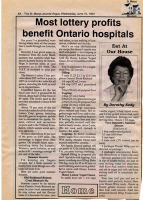 &quot;Most lottery profits benefit Ontario hospitals&quot;, Eat at Our House, 15 June 1994