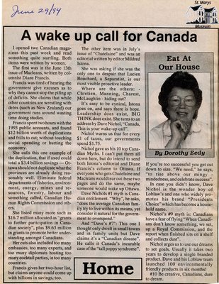 &quot;A wake up call for Canada&quot;, Eat at Our House, 29 June 1994