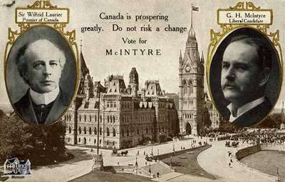 Election campaign postcard showing Sir Wilfrid Laurier, G.H. McIntyre and the Parliament Buildings in Ottawa, 1908
