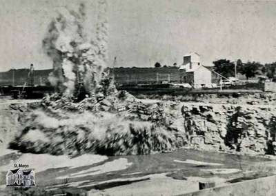 View of Horseshoe Quarry showing explosion, ca. 1915