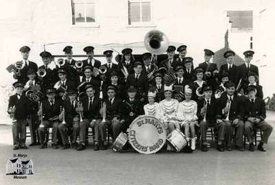 Citizen Band and three majorettes, ca. 1953