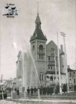 Town Hall during demonstration of the new waterworks, 1899