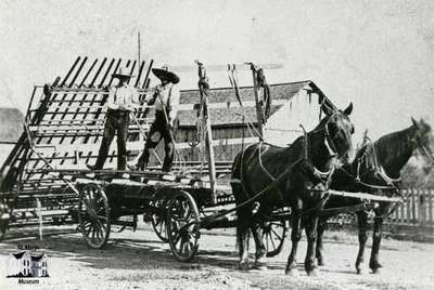 Team of horses pulling wagon and hay loader